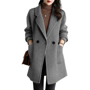 imagechouyatou Womens Notch Lapel Herringbone Wool Coat Formal Office Work Double Breasted Winter Pea CoatGrey