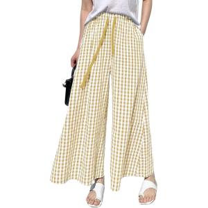 imagechouyatou Womens Plaid Wide Leg Culotte Pants Gingham High Elastic Waisted Cropped Palazzo Pants with PocketsKhaki
