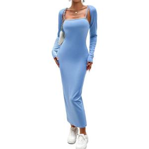 imagechouyatou Womens Sexy Ribbed Knit Cropped Shrug Cardigan and Spaghetti Strap Maxi Tank Dress Sets 2 Piece Sweater OutfitsBlue