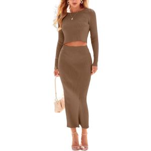 imagechouyatou Womens Sexy Ribbed Knit Long Sleeve Sweater Crop Top and Back Slit Bodycon Long Skirt Sets 2 Piece OutfitsBrown