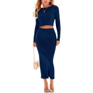 imagechouyatou Womens Sexy Ribbed Knit Long Sleeve Sweater Crop Top and Back Slit Bodycon Long Skirt Sets 2 Piece OutfitsDark Blue