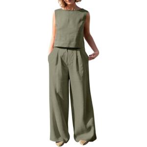 imagechouyatou Womens Summer 2 Piece Outfits Vacation Linen Sleeveless Tank Top Wide Leg Pant SetsArmy Green