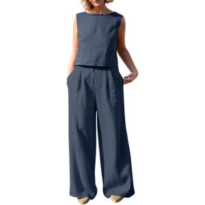 imagechouyatou Womens Summer 2 Piece Outfits Vacation Linen Sleeveless Tank Top Wide Leg Pant SetsDark Blue