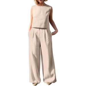 imagechouyatou Womens Summer 2 Piece Outfits Vacation Linen Sleeveless Tank Top Wide Leg Pant SetsKhaki