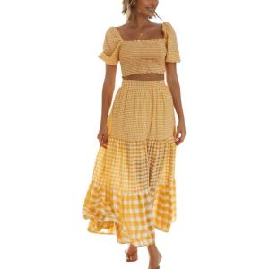 imagechouyatou Womens Summer 2 Piece Outfits Vacation Plaid Smocked Puff Sleeve Crop Top High Waisted Maxi Skirt SetsYellow