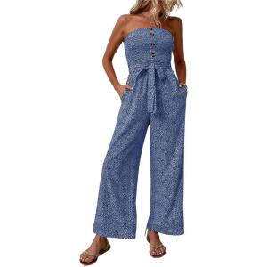 imagechouyatou Womens Summer Boho Strapless Smocked Tube Top Jumpsuits Tie Knot Wide Leg Romper PantsBlue