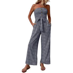 imagechouyatou Womens Summer Boho Strapless Smocked Tube Top Jumpsuits Tie Knot Wide Leg Romper PantsDark Blue