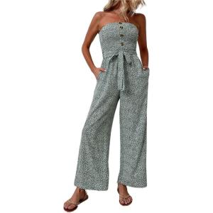 imagechouyatou Womens Summer Boho Strapless Smocked Tube Top Jumpsuits Tie Knot Wide Leg Romper PantsGreen