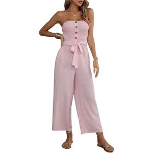 imagechouyatou Womens Summer Boho Strapless Smocked Tube Top Jumpsuits Tie Knot Wide Leg Romper PantsPink