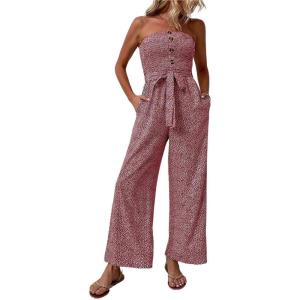 imagechouyatou Womens Summer Boho Strapless Smocked Tube Top Jumpsuits Tie Knot Wide Leg Romper PantsWine Red