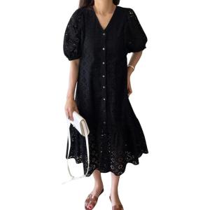 imagechouyatou Womens Summer Puff Sleeve Button Down Lace Eyelet Dress Hollow Out Floral Embroidery Midi DressBlack