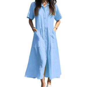 imagechouyatou Womens Summer Short Sleeve Button Down Shirt Dress ALine Flared Maxi Long Beach Casual DressBlue