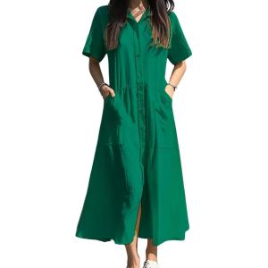 imagechouyatou Womens Summer Short Sleeve Button Down Shirt Dress ALine Flared Maxi Long Beach Casual DressGreen