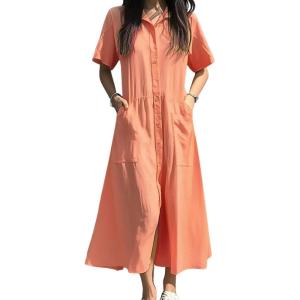 imagechouyatou Womens Summer Short Sleeve Button Down Shirt Dress ALine Flared Maxi Long Beach Casual DressOrange