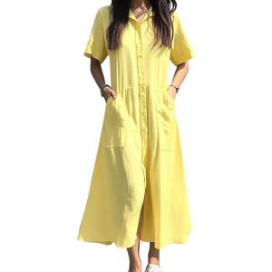 imagechouyatou Womens Summer Short Sleeve Button Down Shirt Dress ALine Flared Maxi Long Beach Casual DressYellow