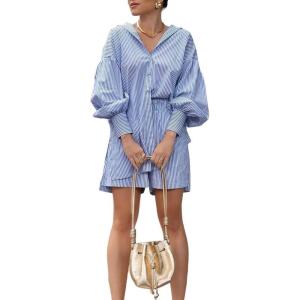 imagechouyatou Womens Two Piece Outfit Long Sleeve Stripe Print Button Down Shirt and Mini Shorts SetBlue