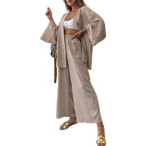 imagechouyatou Womens Two Piece Outfits Open Front Shirt and Elastic Waist Pant Lounge Pajamas SetsApricot