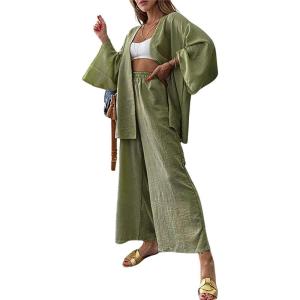 imagechouyatou Womens Two Piece Outfits Open Front Shirt and Elastic Waist Pant Lounge Pajamas SetsGreen