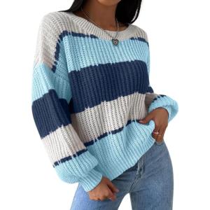 imagechouyatou Womens Warm Color Block Striped Knit Loose Casual Pullover Loose Oversized Sweater Jumper TopBlue