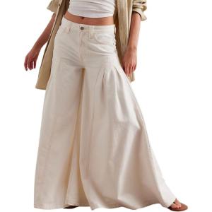 imagechouyatou Womens Y2k Baggy Jeans Boyfriend Culotte Jeans Flare Wide Leg Loose Denim Pants with PocketsBeige White