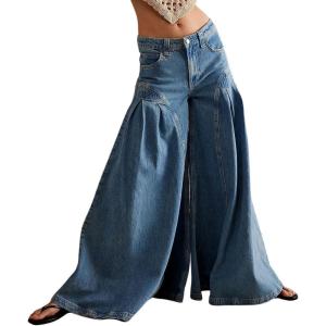 imagechouyatou Womens Y2k Baggy Jeans Boyfriend Culotte Jeans Flare Wide Leg Loose Denim Pants with PocketsDark Blue