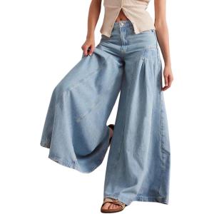 imagechouyatou Womens Y2k Baggy Jeans Boyfriend Culotte Jeans Flare Wide Leg Loose Denim Pants with PocketsLight Blue