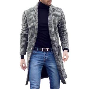 imagechouyatou Mens Casual Lapel Collar Wool Trench Coat Plaid Single Breasted Wool Blend Pea Coat with PocketsGray