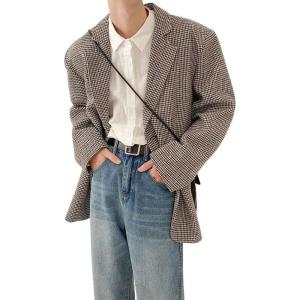 imagechouyatou Mens Plaid Pattern Wool Blazer Sports Coat Casual Notched Lapel Single Breasted Wool Pea CoatCoffee