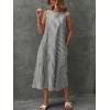 imagechouyatou Womens Casual Loose Vertical Striped Dress Crew Neck Sleeveless Midi Long Tank Dress with PocketsBlack