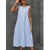 imagechouyatou Womens Casual Loose Vertical Striped Dress Crew Neck Sleeveless Midi Long Tank Dress with PocketsBlue