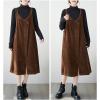 imagechouyatou Womens Loose Corduroy Spaghetti Strap Overall Dress A Line Flare Pinafore Midi Jumper DressBrown