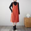 imagechouyatou Womens Loose Corduroy Spaghetti Strap Overall Dress A Line Flare Pinafore Midi Jumper DressOrange