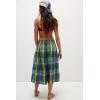 imagechouyatou Womens Retro Plaid Wide Leg Croppped Pants Y2k Baggy Culottes Capri Palazzo Pants with PocketsBlue