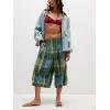 imagechouyatou Womens Retro Plaid Wide Leg Croppped Pants Y2k Baggy Culottes Capri Palazzo Pants with PocketsBlue
