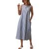 imagechouyatou Womens Casual Loose Vertical Striped Dress Crew Neck Sleeveless Midi Long Tank Dress with PocketsNavy