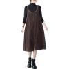 imagechouyatou Womens Loose Corduroy Spaghetti Strap Overall Dress A Line Flare Pinafore Midi Jumper DressCoffee