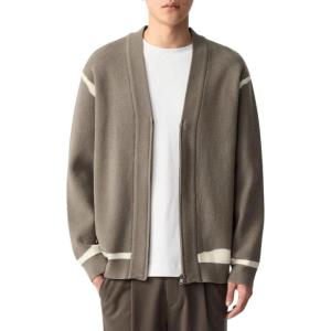 imagechouyatou Mens Western V Neck Zip Up Cardigan Sweaters Contrast Striped Pattern Long Sleeve Knit Sweater CoatKhaki