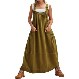 imagechouyatou Womens Cargo Overall Dress Sleeveless Adjustable Strap Safari Maxi Jumper Dress with PocketsGreen