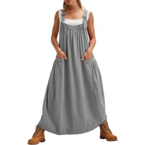 imagechouyatou Womens Cargo Overall Dress Sleeveless Adjustable Strap Safari Maxi Jumper Dress with PocketsGrey