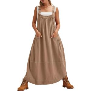 imagechouyatou Womens Cargo Overall Dress Sleeveless Adjustable Strap Safari Maxi Jumper Dress with PocketsKhaki