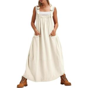 imagechouyatou Womens Cargo Overall Dress Sleeveless Adjustable Strap Safari Maxi Jumper Dress with PocketsWhite