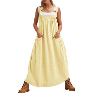 imagechouyatou Womens Cargo Overall Dress Sleeveless Adjustable Strap Safari Maxi Jumper Dress with PocketsYellow