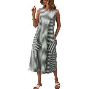 imagechouyatou Womens Casual Loose Vertical Striped Dress Crew Neck Sleeveless Midi Long Tank Dress with PocketsBlack