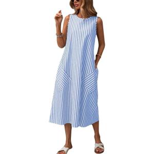 imagechouyatou Womens Casual Loose Vertical Striped Dress Crew Neck Sleeveless Midi Long Tank Dress with PocketsBlue
