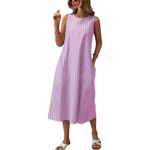 imagechouyatou Womens Casual Loose Vertical Striped Dress Crew Neck Sleeveless Midi Long Tank Dress with PocketsPink