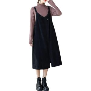 imagechouyatou Womens Loose Corduroy Spaghetti Strap Overall Dress A Line Flare Pinafore Midi Jumper DressBlack
