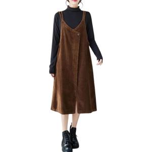 imagechouyatou Womens Loose Corduroy Spaghetti Strap Overall Dress A Line Flare Pinafore Midi Jumper DressBrown