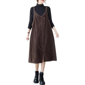 imagechouyatou Womens Loose Corduroy Spaghetti Strap Overall Dress A Line Flare Pinafore Midi Jumper DressCoffee