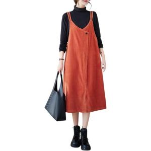imagechouyatou Womens Loose Corduroy Spaghetti Strap Overall Dress A Line Flare Pinafore Midi Jumper DressOrange