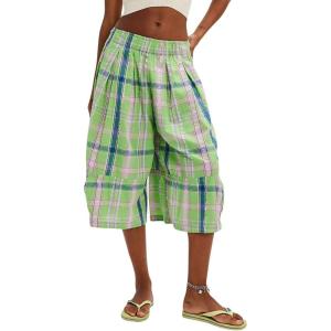 imagechouyatou Womens Retro Plaid Wide Leg Croppped Pants Y2k Baggy Culottes Capri Palazzo Pants with PocketsGreen